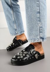 Czarne Klapki Mule w Rockowym Stylu z Klamrami i Aplikacjami z Cyrkonii Aneldanis. Czarne klapki damskie Born2be, z aplikacjami, z jeansu, eleganckie, bez obcasa, na obcasie. Za 64.99 zł.