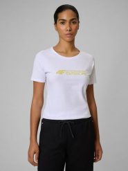 4F T-shirt slim z nadrukiem damski - biały S. Białe t-shirty damskie 4f, l, bez wzorów, z materiału, bez kołnierzyka. Za 59.99 zł.
