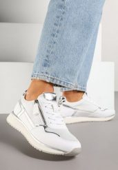 Białe Sneakersy z Metalicznymi Wstawkami i Ozdobnym Suwakiem Alanatia. Białe obuwie sportowe damskie Born2be, bez wzorów, z jeansu. Za 129.99 zł.