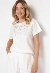 Biały T-shirt Bawełniany z Cyrkoniami na Przodzie Ikrada. Białe bluzki damskie Born2be, m, bez wzorów, z bawełny, bez kołnierzyka. Za 129.99 zł.