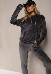 Ciemnoszary Komplet Dresowy z Dodatkiem Bawełny Spodnie z Gumką w Pasie Bluza z Kapturem Reseria. Szare bluzy damskie Renee, s, bez wzorów, z bawełny. Za 49.99 zł.