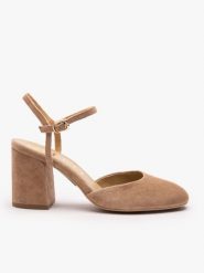 Jasnobrązowe czółenka na słupku. Brązowe czółenka damskie Ryłko, bez wzorów, z gumy, eleganckie, z okrągłym noskiem, bez obcasa, na słupku, bez zapięcia. Za 399.99 zł.