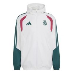 Kurtka wodoodporna All Weather Real Madrid Tiro 2026/27. Białe kurtki sportowe męskie Adidas, l, bez wzorów, do piłki nożnej. Za 431.00 zł.