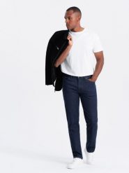 Klasyczne męskie jeansowe spodnie REGULAR FIT – indygo V1 OM-PADP-0152 - XXL. Spodnie materiałowe męskie Ombre Clothing, l, z aplikacjami, z bawełny, klasyczne. Za 107.99 zł.