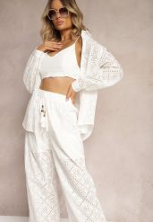 Biały 2-częściowy Komplet z Haftowej Tkaniny z Koszulą i Spodniami Aleiga. Białe koszule damskie Renee, m, w ażurowe wzory, z tkaniny, klasyczne, bez kołnierzyka, bez ramiączek. Za 249.99 zł.
