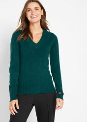 Sweter z dekoltem w serek. Zielone swetry damskie bonprix, bez wzorów, bez kołnierzyka, bez ramiączek, bez kaptura. Za 62.99 zł.