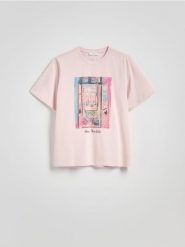 T-shirt z nadrukiem - pastelowy róż. Czerwone t-shirty damskie Reserved, l, bez wzorów, z bawełny, bez kołnierzyka. W wyprzedaży za 39.99 zł.