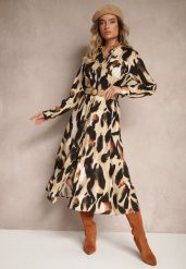 Beżowa Wzorzysta Sukienka o Koszulowym Kroju z Paskiem z Plecionki Mirirani. Brązowe sukienki damskie Renee, na co dzień, l, bez wzorów, z materiału, eleganckie, bez kołnierzyka, bez ramiączek, midi, kopertowe. Za 89.99 zł.