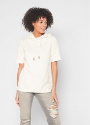 Bluza z kapturem, z mieszanki bawełny. Białe bluzy damskie bonprix, bez wzorów, z bawełny, z kapturem. Za 79.99 zł.