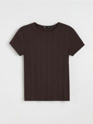 Prążkowana koszulka z domieszką wiskozy - brązowy. Brązowe t-shirty damskie Sinsay, l, bez wzorów, prążkowane, bez kołnierzyka. Za 29.99 zł.