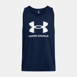 Koszulka męska tank top UNDER ARMOUR 1382883 bez rękawów. Niebieskie koszulki sportowe męskie Under Armour, l, bez wzorów, bez kołnierzyka, bez ramiączek. W wyprzedaży za 115.45 zł.