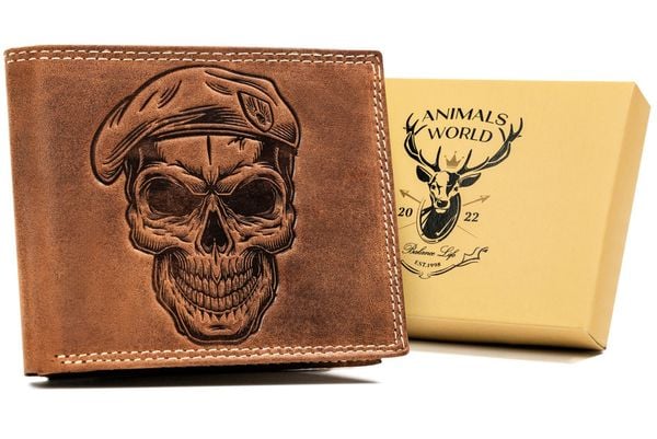 Portfel skórzany Always Wild N992L-CHM-SKULL brązowy. Brązowe portfele męskie Always Wild, bez wzorów, z nubiku. Za 50.00 zł.
