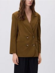Dwurzędowa marynarka z wiskozą - warm olive. Zielone żakiety damskie Reserved, l, bez wzorów, z tkaniny. W wyprzedaży za 159.99 zł.