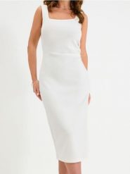 Elegancka sukienka midi - kremowy. Białe sukienki damskie Sinsay, l, bez wzorów, eleganckie, bez kołnierzyka, bez ramiączek, midi. W wyprzedaży za 33.99 zł.