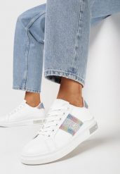 Białe Sneakersy na Grubej Podeszwie z Cyrkoniami i Metalicznymi Wstawkami Arelai. Białe obuwie sportowe damskie Born2be, bez wzorów, z jeansu. Za 84.99 zł.