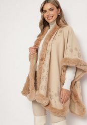 Ciemnobeżowe Ponczo z Wełną Ozdobione Futerkiem i Wzorami z Cyrkonii Issalla. Brązowe swetry damskie Born2be, uniwersalny, bez wzorów, z jeansu, eleganckie, bez kołnierzyka, bez ramiączek, bez kaptura. Za 229.99 zł.