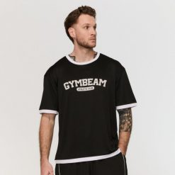 Koszulka męska fitness oversize czarna Varsity. Czarne koszulki sportowe męskie GYMBEAM, m, bez wzorów, z bawełny, bez kołnierzyka, bez ramiączek, na fitness i siłownię. Za 88.90 zł.