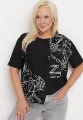 Czarna Bawełniana Bluzka T-shirt z Krótkim Rękawem z Nadrukiem i Guzikami Fiomara. Czarne bluzki damskie Born2be, l, bez wzorów, z bawełny, biznesowe, bez kołnierzyka. Za 54.99 zł.
