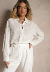 Biała Koszula z Bawełny Ozdobiona Haftowanym Wzorem Annaria. Białe bluzki damskie Renee, m, bez wzorów, z bawełny, eleganckie, bez kołnierzyka, bez ramiączek. Za 59.99 zł.