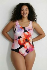 Damskie Kostium kąpielowy kwiaty bez miękkich miseczek pas pod biustem. Czarne kostiumy jednoczęściowe damskie Ulla Popken, plus size, bez wzorów, z elastanu, sportowe, plus size, do pływania. Za 159.99 zł.