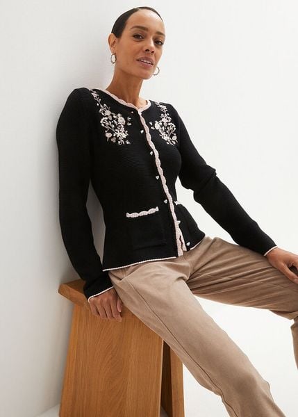 Sweter rozpinany w ludowym stylu. Czarne kardigany damskie bonprix, bez wzorów. Za 179.99 zł.