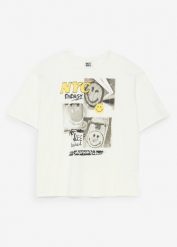 T-shirt z serii Smiley World, z czystej bawełny, loose fit. Białe koszule dla chłopców bonprix, bez wzorów, z bawełny, bez kołnierzyka, bez ramiączek. Za 64.99 zł.