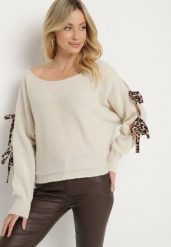 Beżowy Sweter z Moherem o Nietoperzowym Kroju z Ozdobnymi Wiązaniami w Panterkę Semiri. Brązowe swetry damskie Born2be, s, bez wzorów, z jeansu, eleganckie, bez kołnierzyka, bez ramiączek, długie, bez kaptura. Za 64.99 zł.