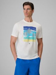 4F T-shirt regular z nadrukiem męski - kremowy S. Białe t-shirty męskie 4f, m, bez wzorów, z bawełny, klasyczne, bez kołnierzyka. W wyprzedaży za 49.99 zł.