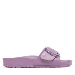 Klapki Birkenstock. Fioletowe klapki damskie Birkenstock, bez wzorów, bez obcasa. Za 179.99 zł.