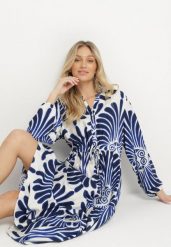 Niebieska Sukienka z Wiskozą o Rozkloszowanym Kroju z Motywem Roślinnym Korisaria. Niebieskie sukienki damskie Born2be, na co dzień, l, bez wzorów, z wiskozy, eleganckie, bez kołnierzyka, bez ramiączek, maxi, kopertowe. Za 109.99 zł.