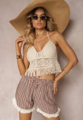 Pomarańczowo-Beżowe Szorty z Wiskozy High Waist o Luźnym Kroju z Gumką w Pasie i Frędzlami Vimae. Brązowe szorty damskie Renee, na lato, l, z aplikacjami, z wiskozy, z podwyższonym stanem. Za 29.99 zł.