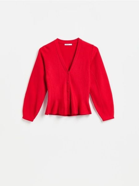 Kardigan z baskinką - czerwony. Czerwone kardigany damskie Reserved, l, bez wzorów, z dzianiny. Za 139.99 zł.