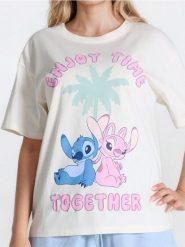 Koszulka Stitch - kremowy. Białe t-shirty damskie Sinsay, l, bez wzorów, bez kołnierzyka. W wyprzedaży za 27.99 zł.