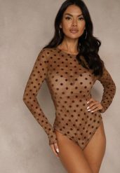 Brązowe Transparentne Body z Wiskozą w Kropki z Weluru Lianassa. Brązowe bluzki damskie Renee, l, bez wzorów, z jeansu, bez kołnierzyka, bez ramiączek. Za 89.99 zł.