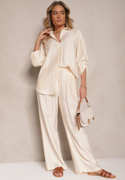 Jasnobeżowy Wiskozowy Komplet o Luźnym Kroju z Koszulą i Spodniami Sesorilia. Brązowe koszule damskie Renee, l, bez wzorów, z jeansu, eleganckie, bez kołnierzyka, bez ramiączek. Za 119.99 zł.