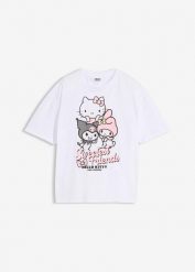 Bawełniany T-shirt oversize z nadrukiem Hello Kitty. Białe t-shirty i topy dla dziewczynek bonprix, bez wzorów, z bawełny, bez ramiączek. Za 64.99 zł.