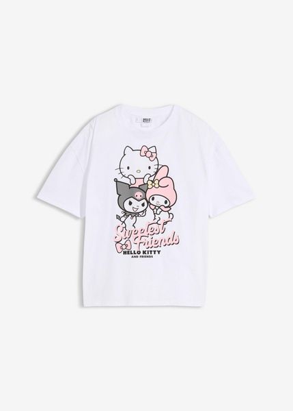 Bawełniany T-shirt oversize z nadrukiem Hello Kitty. Białe t-shirty i topy dla dziewczynek bonprix, bez wzorów, z bawełny, bez ramiączek. Za 67.99 zł.