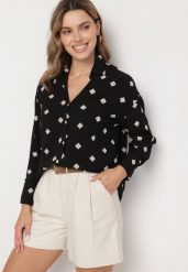 Czarna Koszula z Wiskozy z Lnu Zdobiona Geometrycznym Haftem Fadea. Czarne bluzki damskie Born2be, m, z aplikacjami, z jeansu, biznesowe, bez kołnierzyka, bez ramiączek. Za 69.99 zł.
