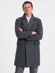 Dwurzędowy męski płaszcz z podszewką - grafitowy V2 - Rozmiar: M. Szare płaszcze męskie Ombre Clothing, m, bez wzorów, z poliesteru, bez kaptura. W wyprzedaży za 199.99 zł.