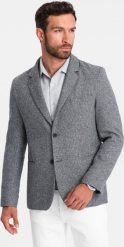 Ombre Męska marynarka casual z ozdobnym pinem na klapie - szary melanż V1 OM-BLZB-0120 L. Szare garnitury męskie Ombre, bez wzorów, casualowe. Za 309.99 zł.
