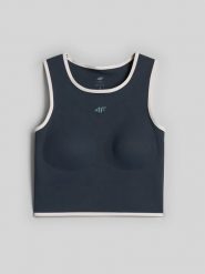 4F Crop top do jogi szybkoschnący damski - granatowy XS. Niebieskie koszulki sportowe damskie 4f, l, bez wzorów, z materiału, bez kołnierzyka, bez ramiączek, na fitness i siłownię. Za 129.99 zł.