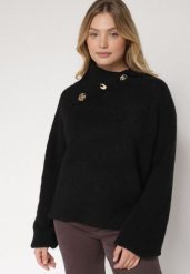 Czarny Golf z Wełną i Metalicznymi Guzikami Vidora. Czarne swetry damskie Born2be, uniwersalny, z aplikacjami, z jeansu, eleganckie, bez kołnierzyka, bez ramiączek, bez kaptura. Za 129.99 zł.