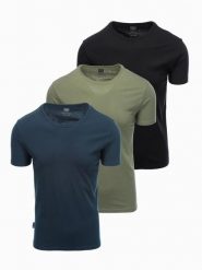 Zestaw męskich bawełnianych t-shirtów BASIC z okrągłym dekoltem – czarny/granatowy/khaki V3 OM-TSBS-0232 - XL. Niebieskie t-shirty męskie Ombre Clothing, l, bez wzorów, z bawełny, klasyczne, bez kołnierzyka. Za 89.99 zł.