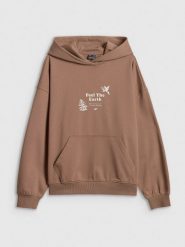 4F Bluza dresowa loose z kapturem damska - beżowa L. Brązowe bluzy damskie 4f, l, bez wzorów, z bawełny, bez kołnierzyka, bez ramiączek, z kapturem. Za 189.99 zł.