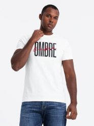Bawełniana koszulka męska z podwójnym logotypem – biała V1 OM-TSPT-0210 - XXL. Białe t-shirty męskie Ombre Clothing, l, bez wzorów, z bawełny, klasyczne, bez kołnierzyka. W wyprzedaży za 39.99 zł.