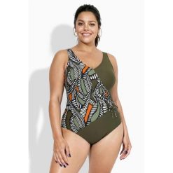 Damskie Strój kąpielowy efekt kopertowy miękkie miseczki ozdobne taśmy. Zielone kostiumy jednoczęściowe damskie Ulla Popken, plus size, bez wzorów, z elastanu, sportowe, plus size. Za 239.99 zł.