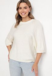 Jasnobeżowy Sweter z Wełną i Krótszym Rękawem Dannalie. Brązowe swetry damskie Born2be, uniwersalny, bez wzorów, z jeansu, eleganckie, bez kołnierzyka, bez ramiączek, krótkie, bez kaptura. Za 139.99 zł.