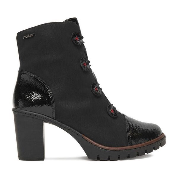 Botki Rieker. Czarne botki damskie Rieker, bez obcasa, na słupku, bez zapięcia. Za 329.99 zł.