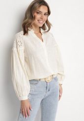 Beżowa Bawełniana Koszula z Ozdobną Koronką Erivendra. Brązowe bluzki damskie Born2be, l, bez wzorów, z bawełny, eleganckie, bez kołnierzyka, bez ramiączek. Za 99.99 zł.