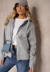 Szara Bluza Rozpinana z Dodatkiem Bawełny Ozdobiona Kontrastowym Kapturem Arstoia. Szare bluzy damskie Renee, s, bez wzorów, z bawełny. Za 39.99 zł.